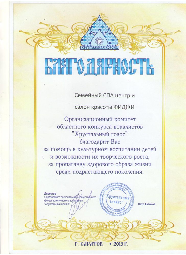 «Хрустальный голос» — Благодарность оргкомитета областного конкурса вокалистов за пропаганду здорового образа жизни, Саратов, 2013
